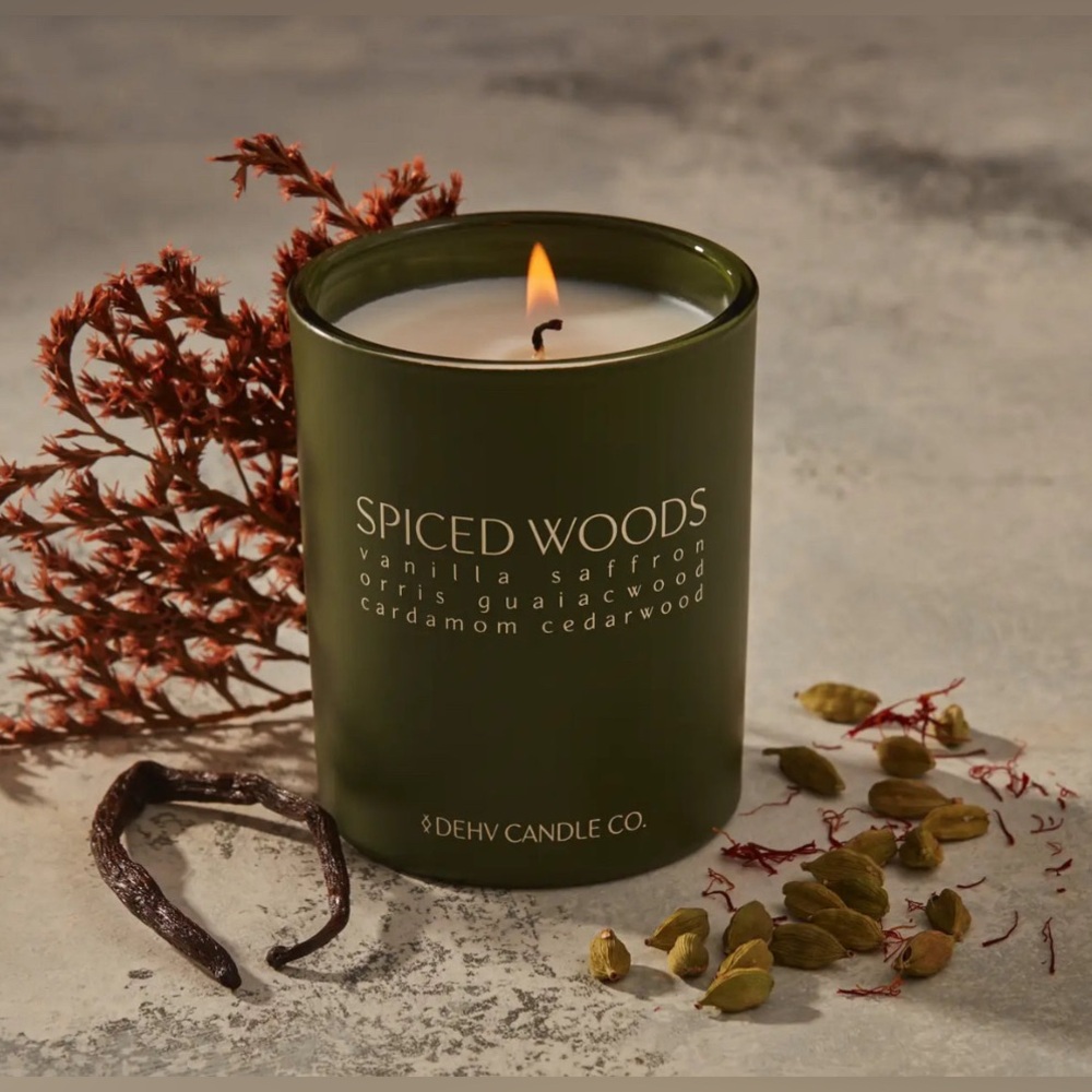DEHV CANDLE CO. Spiced Woods 8oz Glass Candle in Forest Green Burns up to 48 hrs